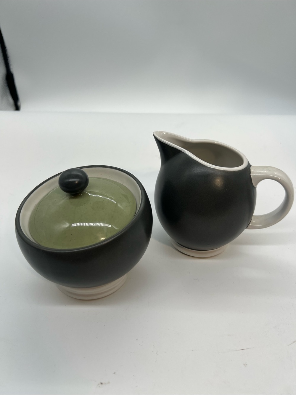 Pfaltzgraff Matte Grey Sugar Bowl and Creamer with Sage Lid Sphere vintage